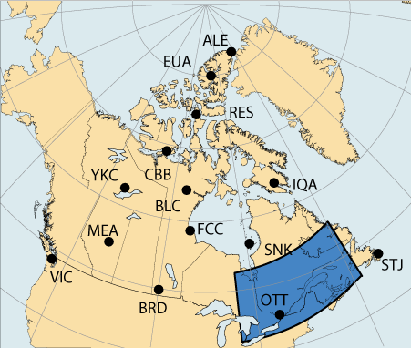 Carte du Canada avec une grande surface autour d'Ottawa, Ontario, qui est associé à la région de l'Est en Amérique du Nord