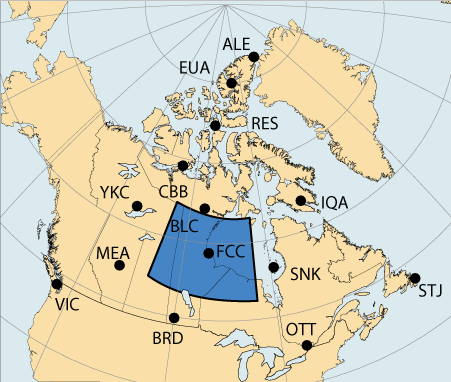 Carte du Canada avec une grande surface autour de Churchill, Manitoba, qui est associé à la région de Aurorale Centrale