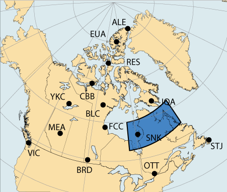 Carte du Canada avec une grande surface autour de Sanikiluaq, Nunavut, qui est associé à la région de Aurorale de l'Est
