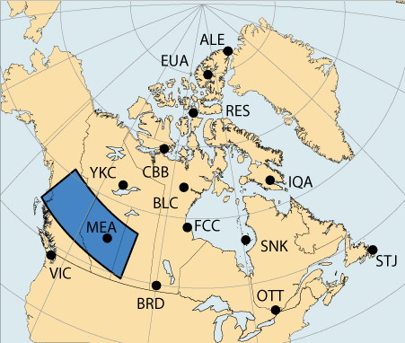 Carte du Canada avec une grande surface autour d'Athabaska, Alberta, qui est associé à la région de Prairie du Nord