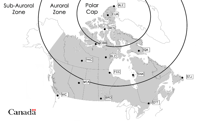 Map of the Polar Cap, Auroral Zone, and Sub-Auroral over Canada.